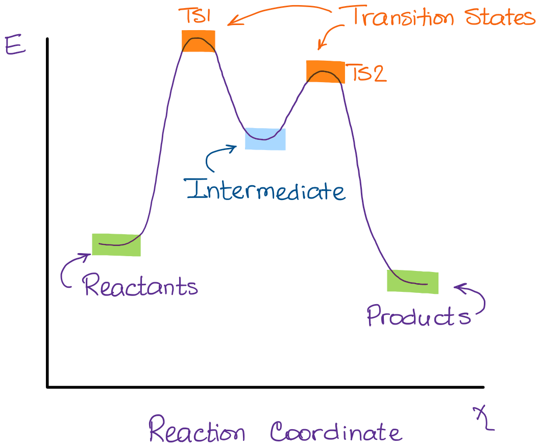 reaction coordinate diagram for an E1 reaction featuring two transition states and one intermediate