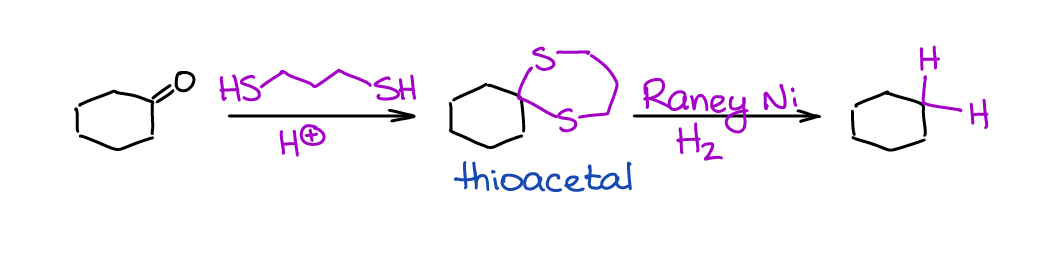 Reduction of aldehydes and ketones via thioacetal reduction