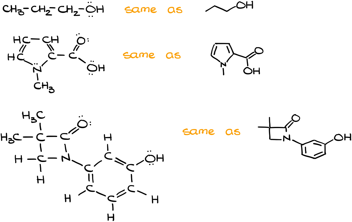 Lewis structures and the corresponding bond-line structures